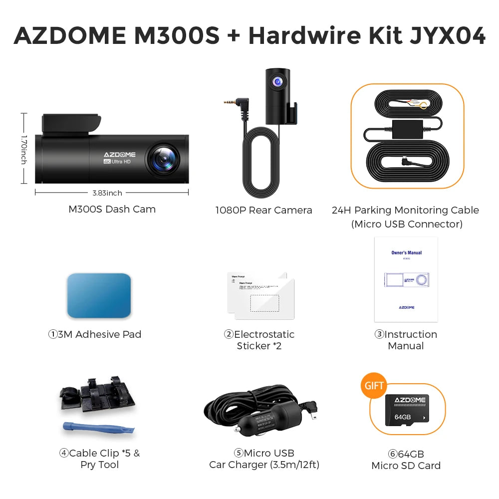 AZDOME M300S 4K Dash Cam Front And Rear WiFi GPS Free 64GB