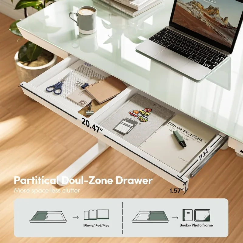 55 × 24 Electric Standing Desk with Drawers, Whole-Piece Glass Adjustable Height Desk, One-Piece Quick Install Adjustable