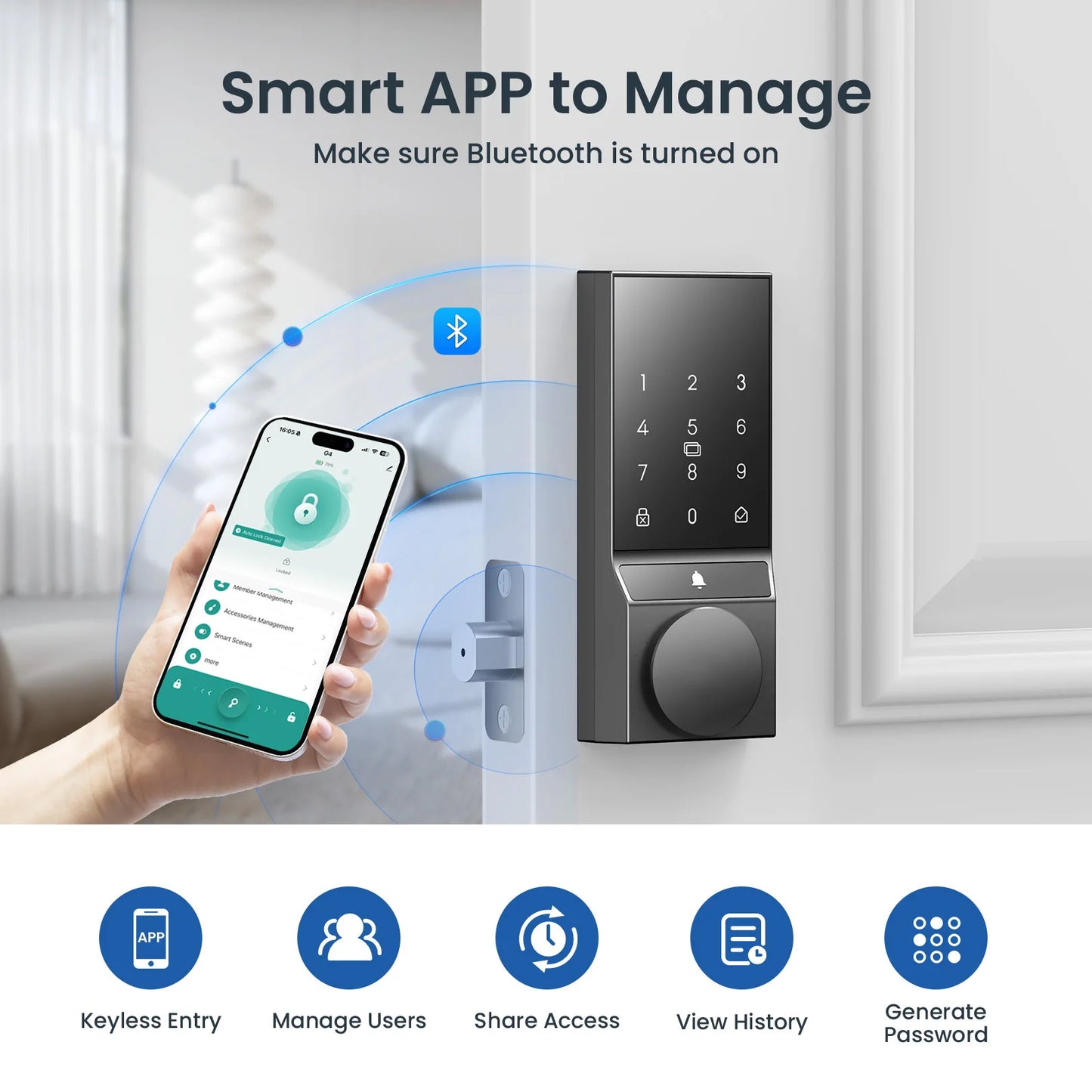 Smart Door Lock Keyless Entry Doorbell App Control Bluetooth