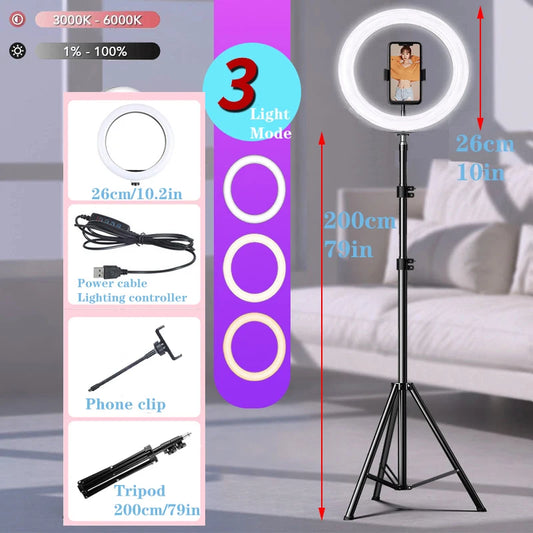 10 Inch LED Selfie Ring Light Dimmable Bi Color 3200K 5600K