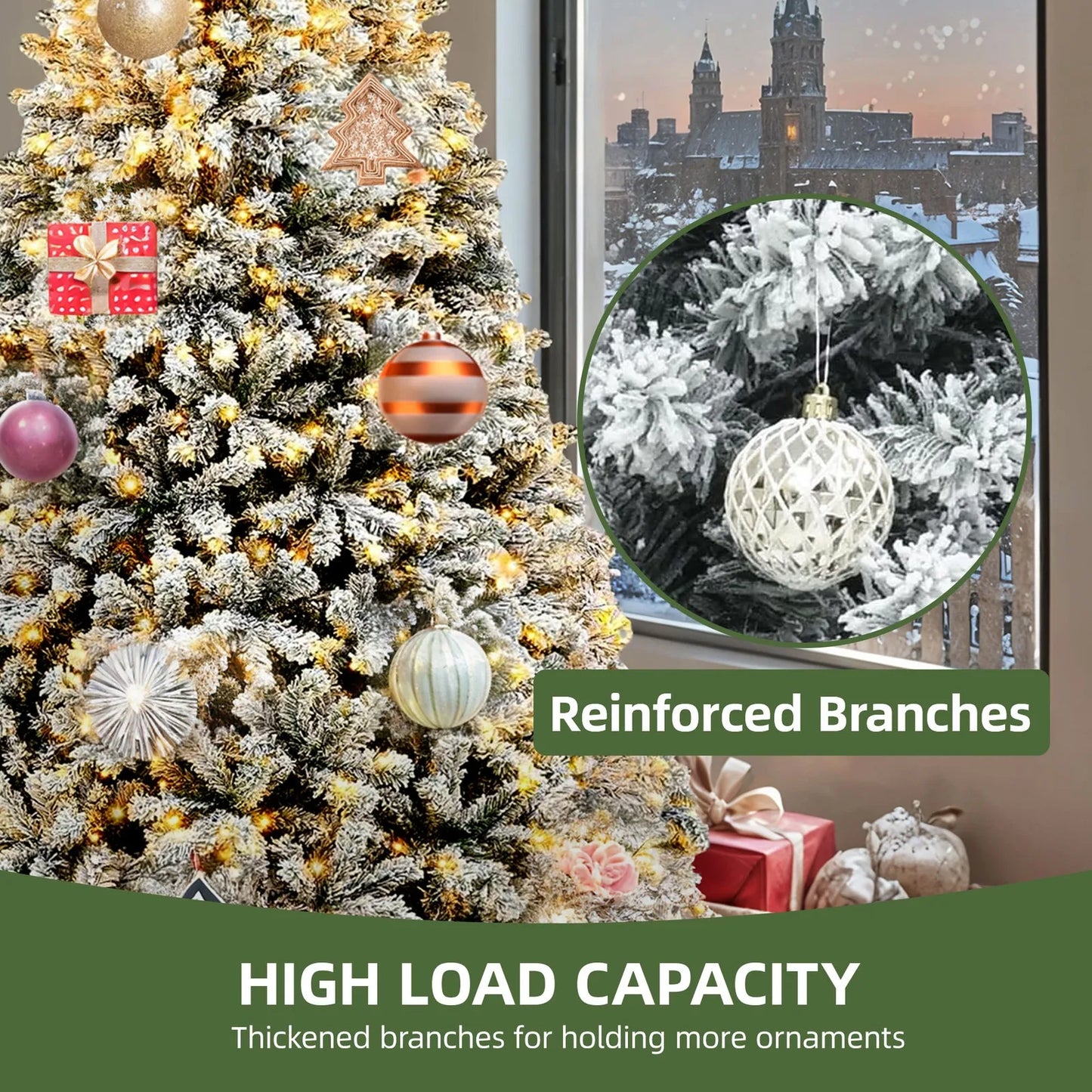 Prelit Snow Flocked Artificial Full Christmas Tree With Remote Control For Indoor Use