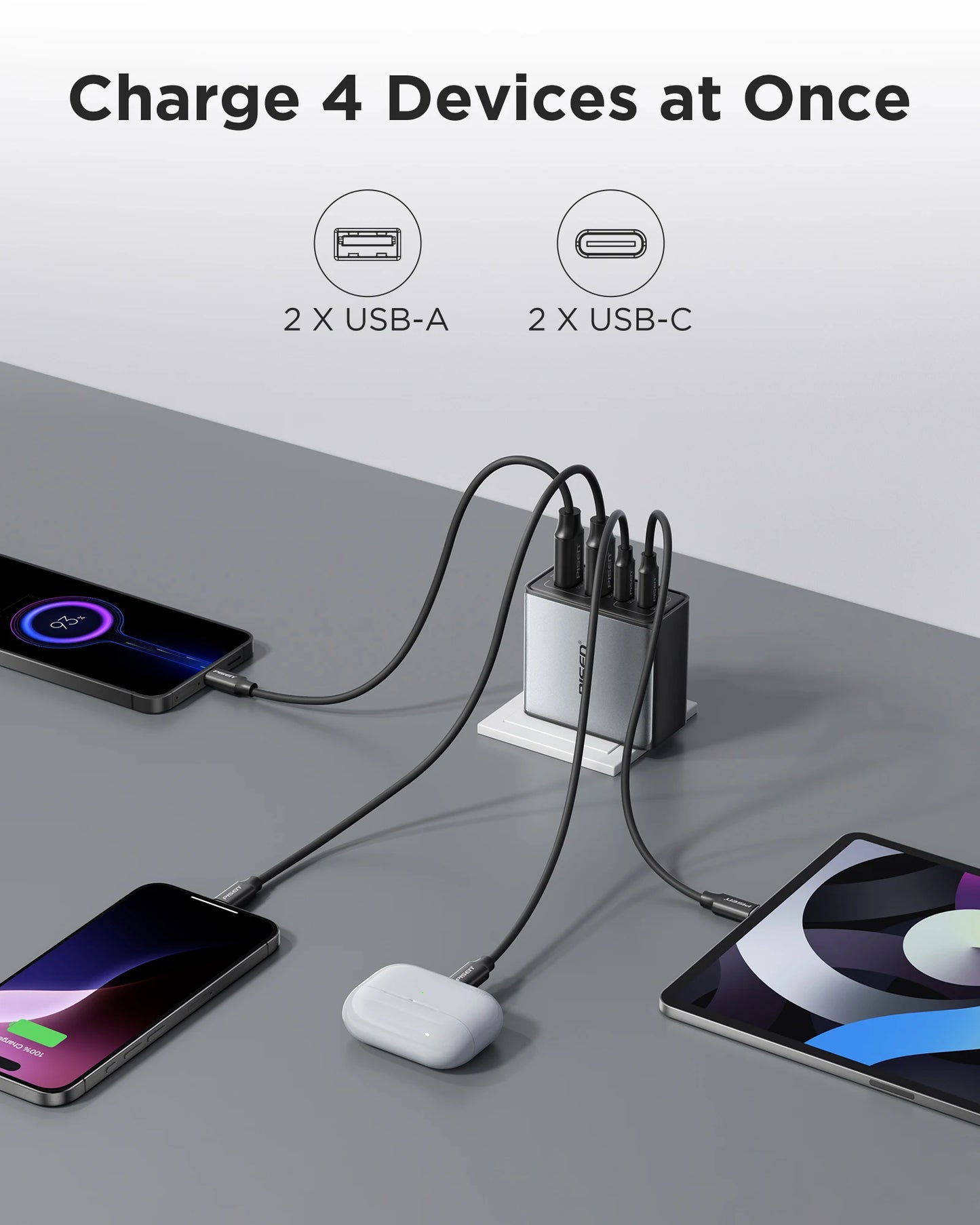 PISEN 65W 4 Port GaN Charger With 4ft USB C Cable Pro