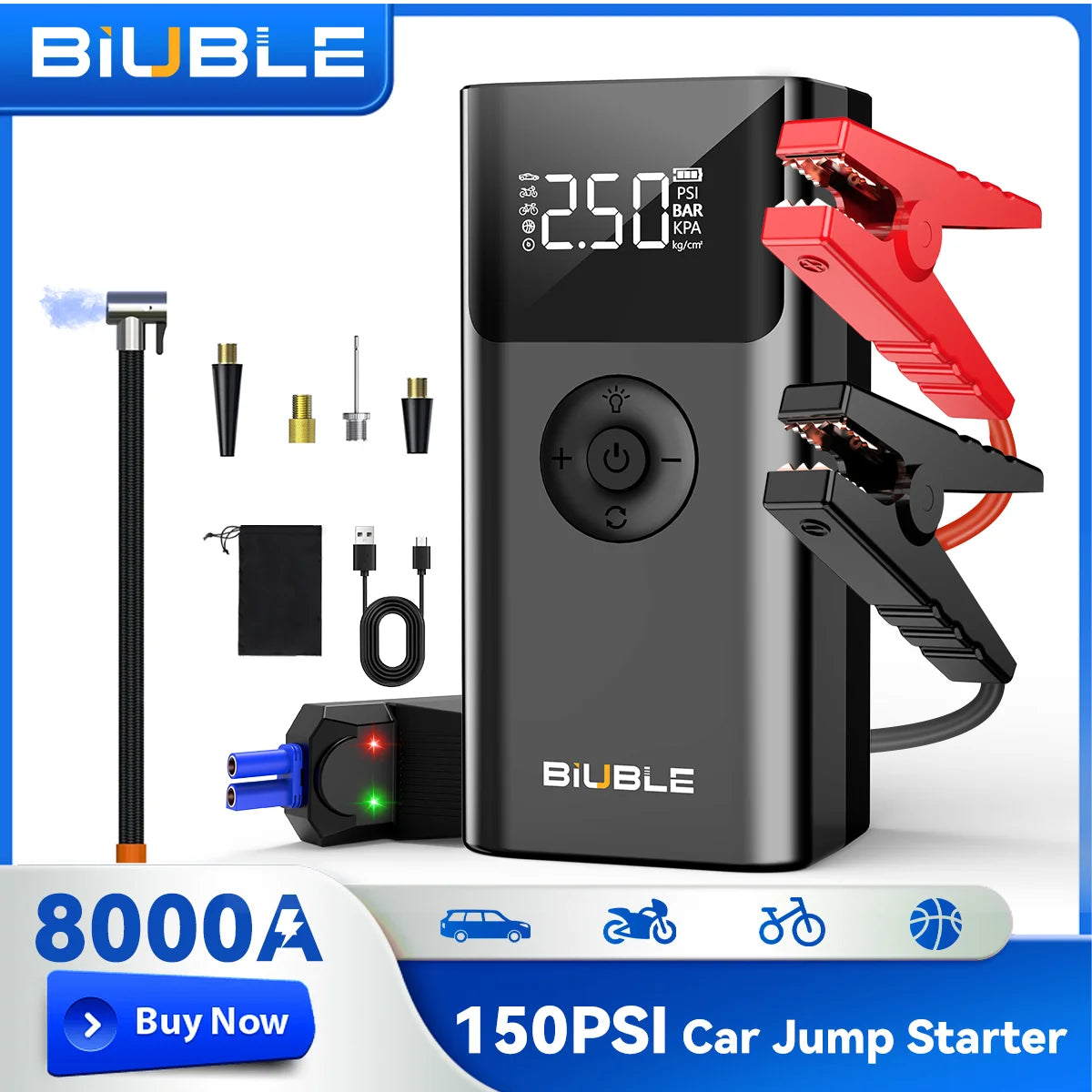 Biuble 8000A Jump Starter 26800mAh USB LED Light For Cars