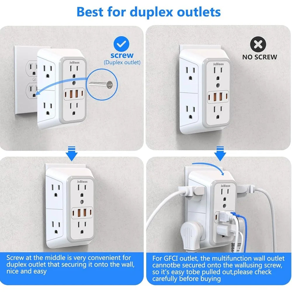 6 Outlet Surge Protector Wall Plug Extender With USB Ports