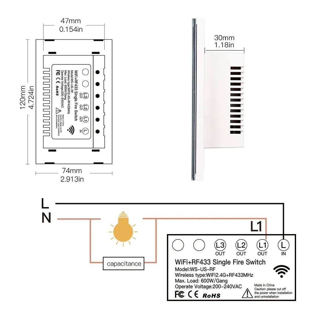 MOES WiFi Smart Light Switch RF433 No Neutral 110 220V