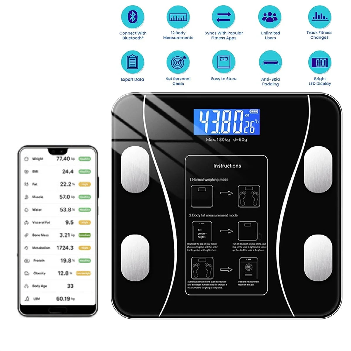 Rechargeable Body Fat Scale With Large Display And App