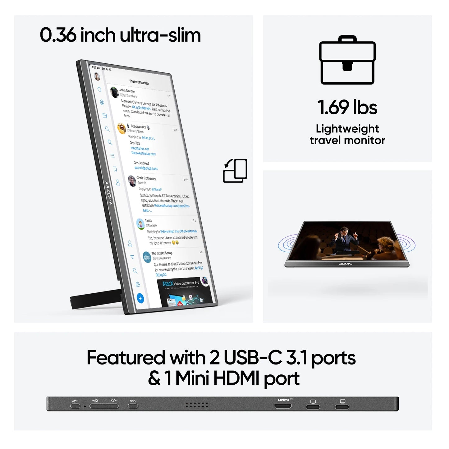 Arzopa 17.3 Inch FHD Portable Monitor USB C HDMI IPS