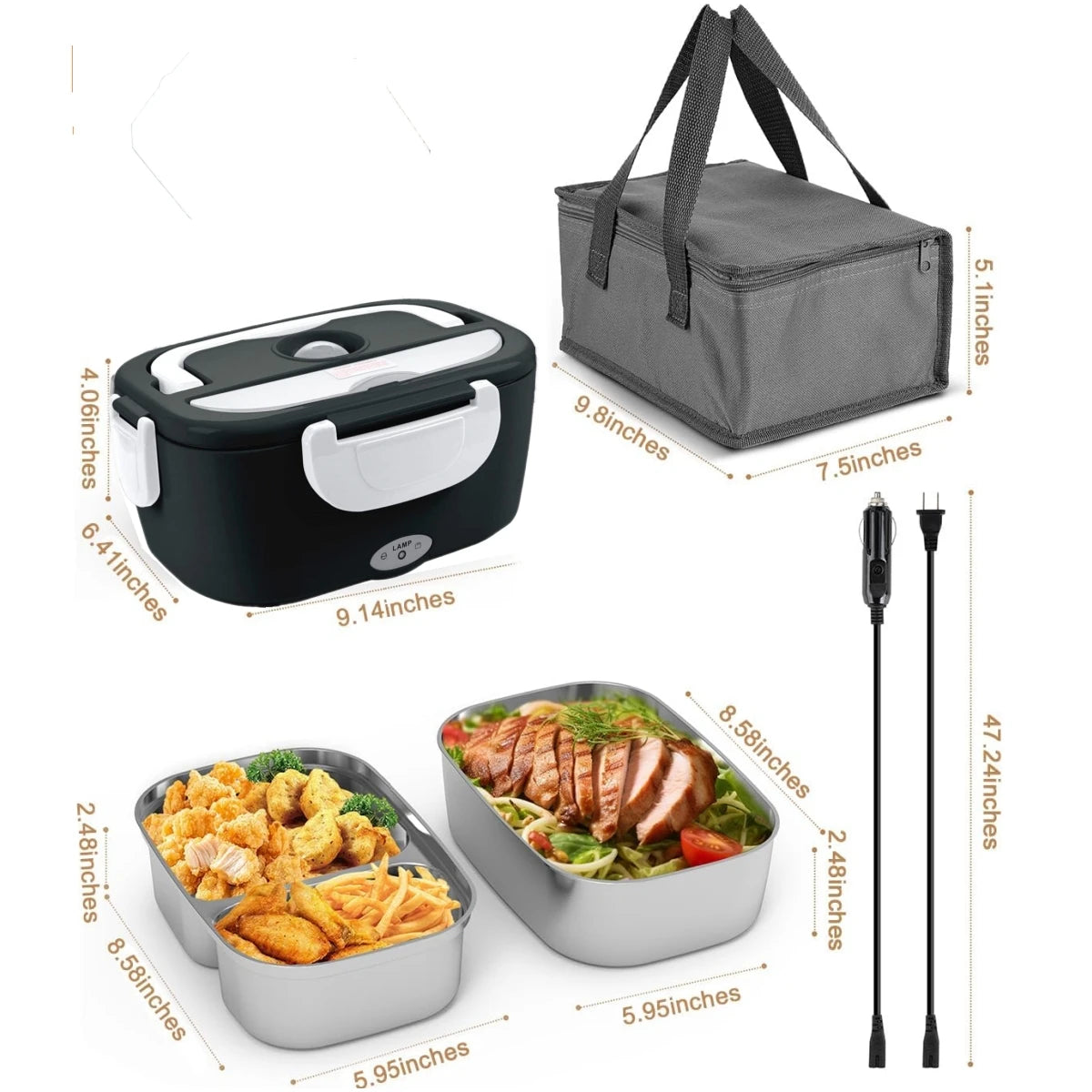 Electric Lunch Box 60W Fast Heated Dual Stainless Steel Containers
