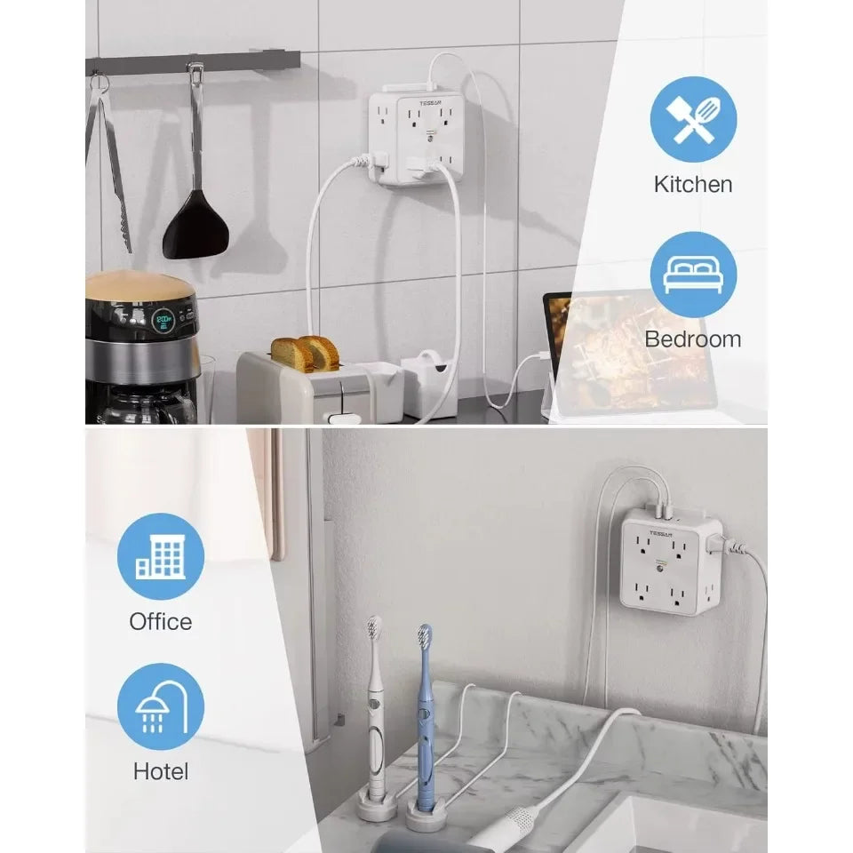 TESSAN Surge Protector Wall Strip with 8 AC Outlets 2 USB A and 1 USB C Surge Protector Multi Outlet Extender for Home Office