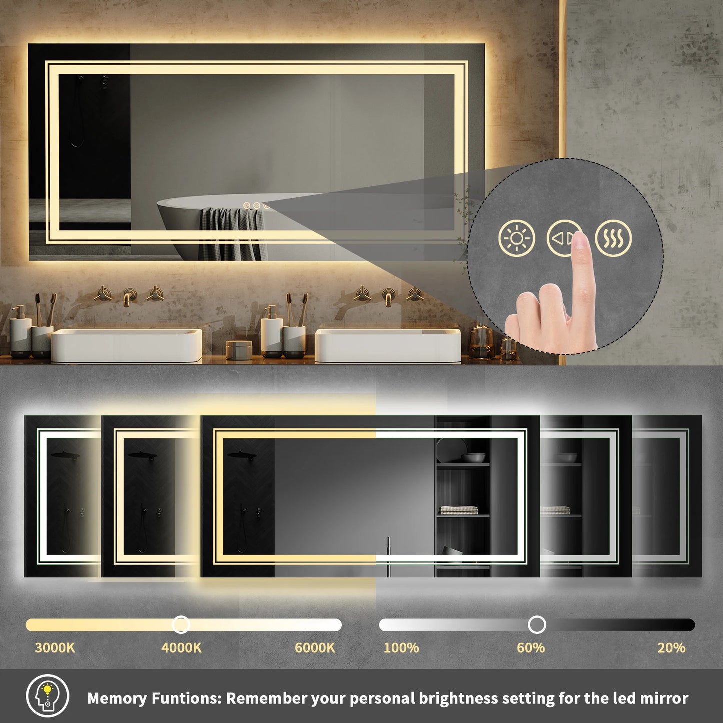 Wisfor LED Bathroom Mirror With Lights Anti Fog Dimmable