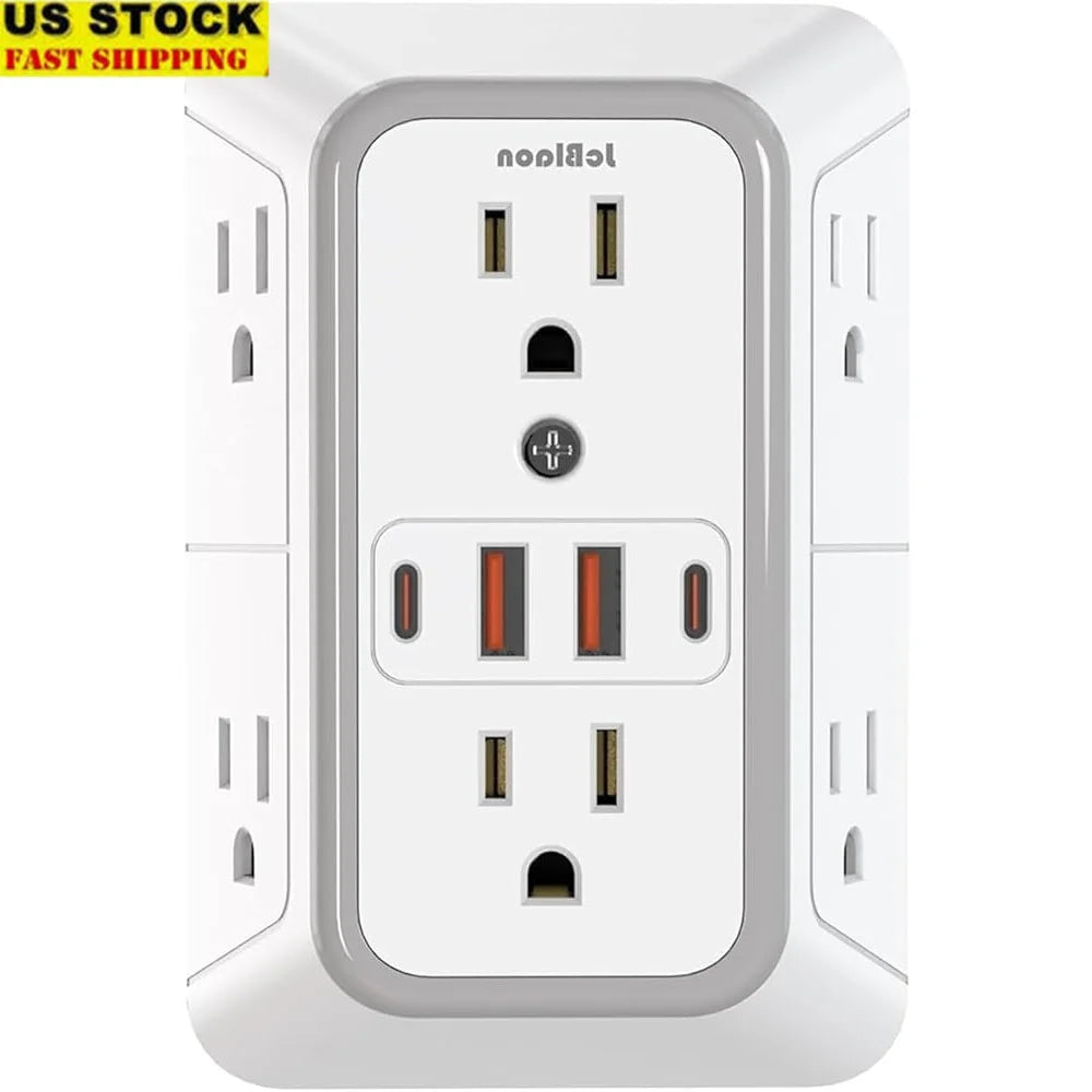 6 Outlet Surge Protector Wall Plug Extender With USB Ports