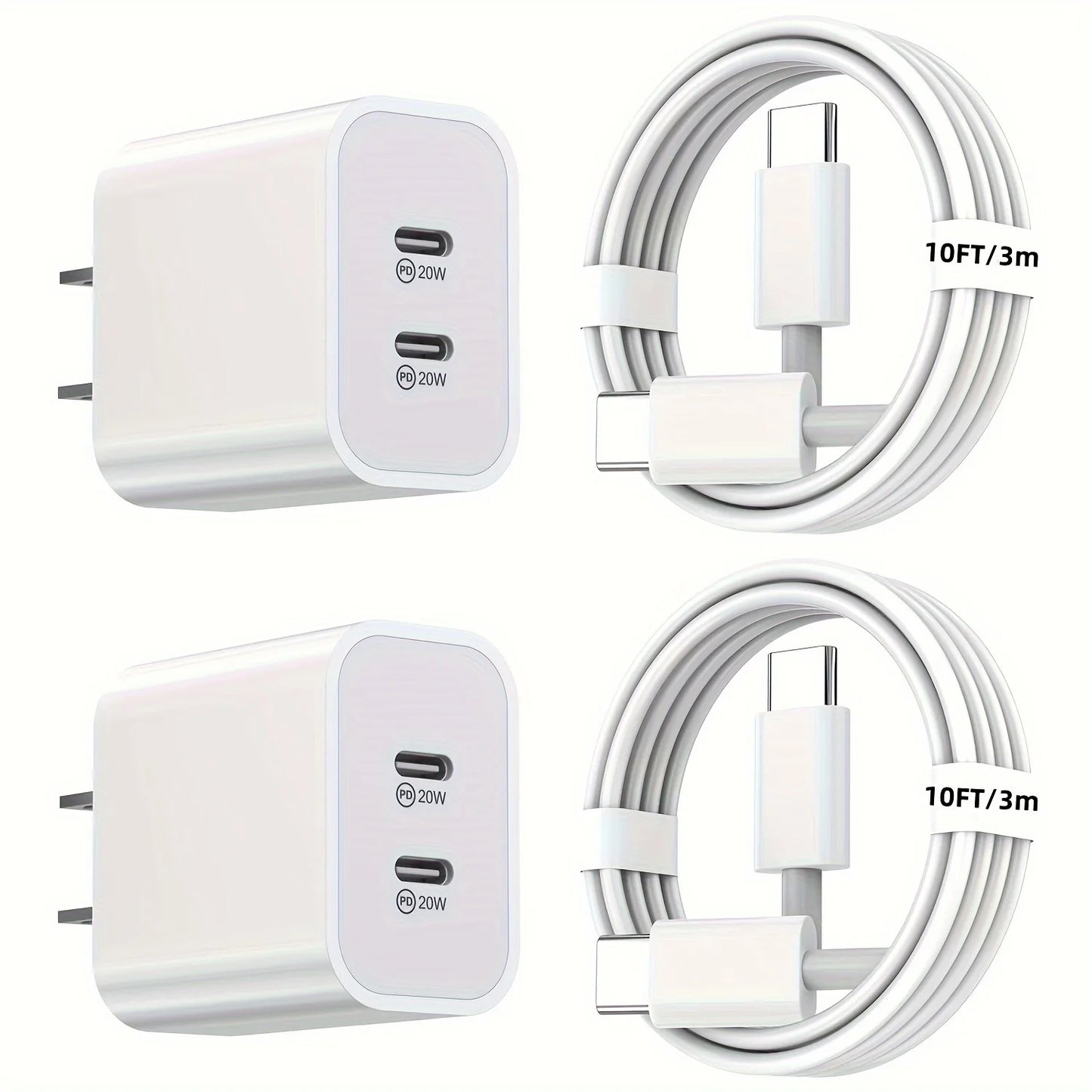 2Pack 40W USB PD Dual Port Charger With 10ft USB C Cable