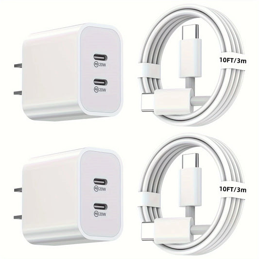 2Pack 40W USB PD Dual Port Charger With 10ft USB C Cable