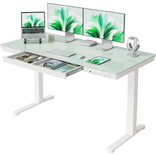 55 × 24 Electric Standing Desk with Drawers, Whole-Piece Glass Adjustable Height Desk, One-Piece Quick Install Adjustable