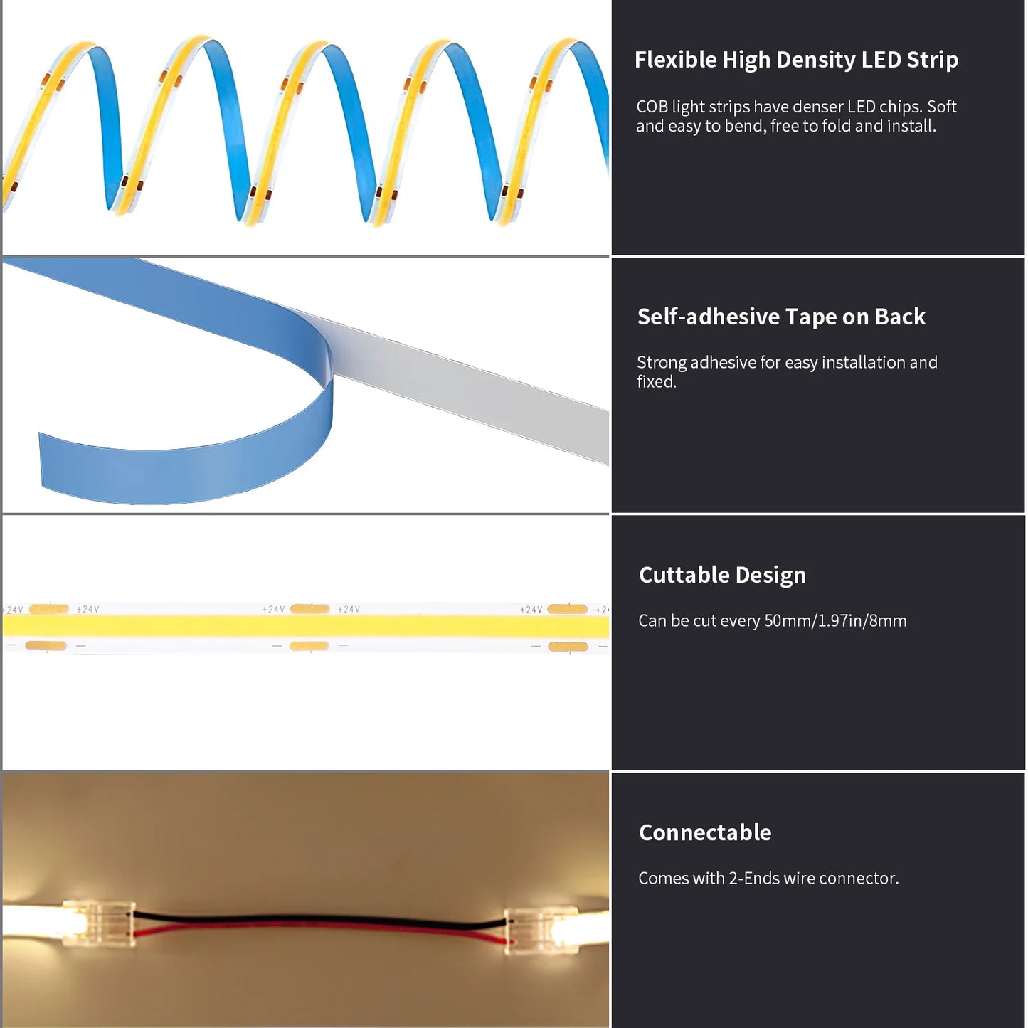 COB LED Strip Light 12m Roll Warm White 3000K CRI 90