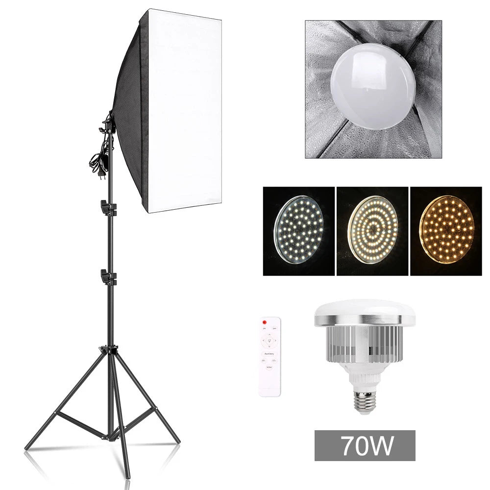 50x70cm Softbox 45W/70W Bulb Photography Studio Photo Lighting Kit Continuous Light System For Camera With  Remote Control
