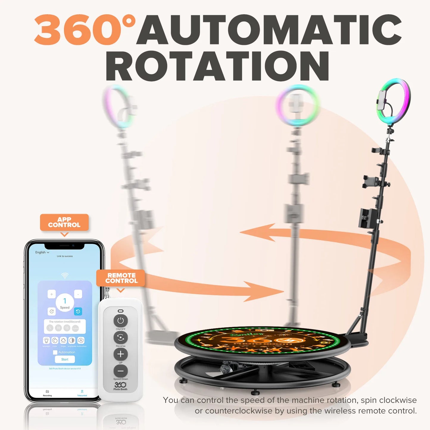 360 Photo Booth Rotating with RGB Ring Light App Control
