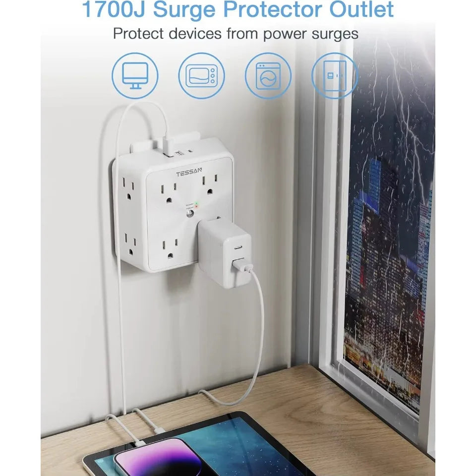 TESSAN Surge Protector Wall Strip with 8 AC Outlets 2 USB A and 1 USB C Surge Protector Multi Outlet Extender for Home Office