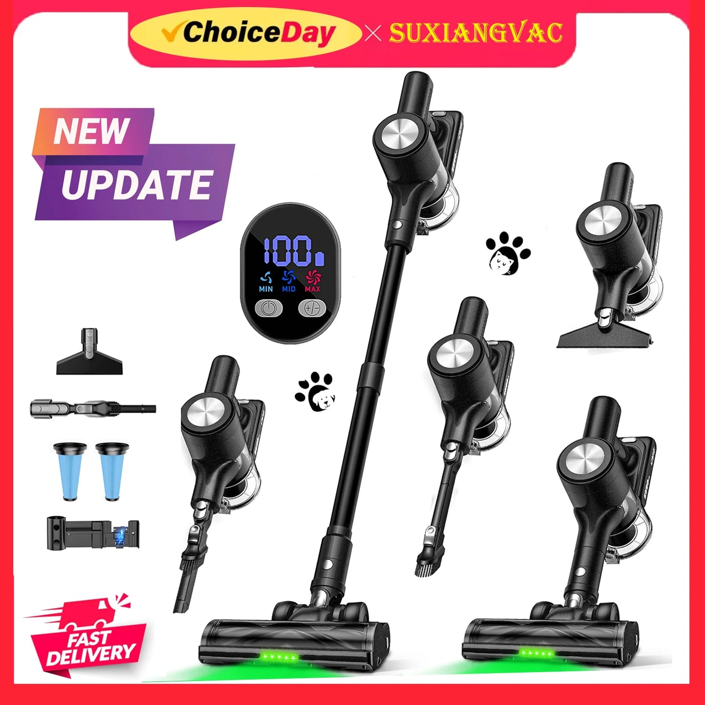SUXIANGVAC Cordless Vacuum Cleaner 46KPa 55 Min Self Standing Lightweight For Home Pet Hair Hard Floors Carpets