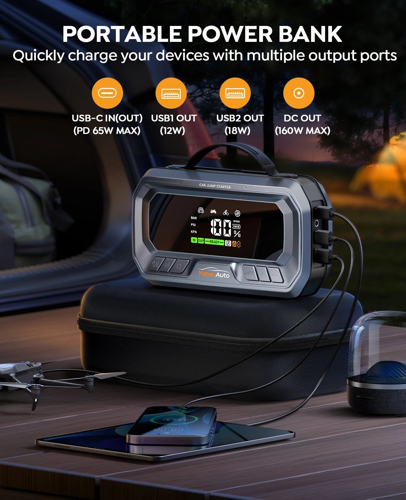 Yaber 4 In 1 Jump Starter PD65W Power Bank Air Compressor