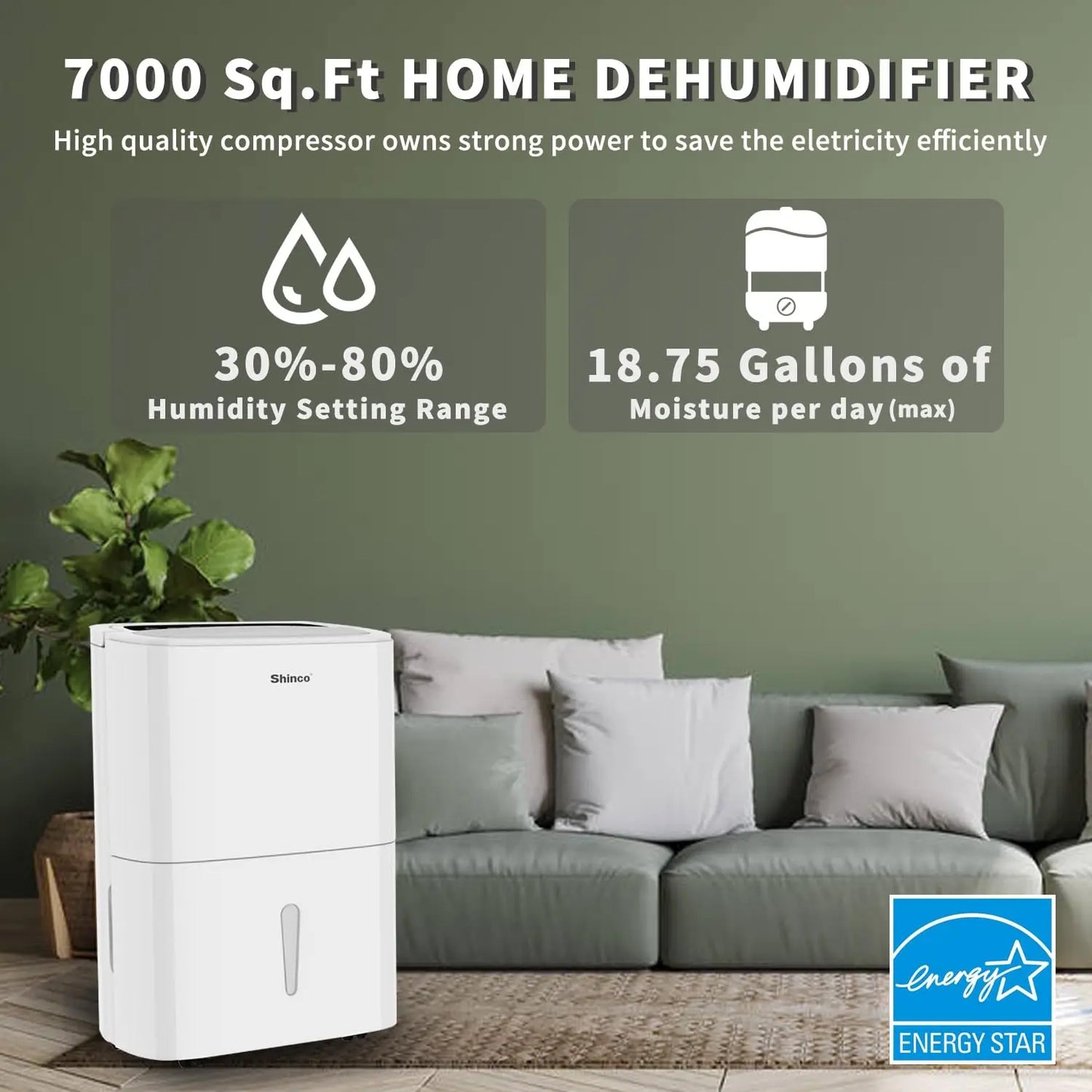 Shinco Dehumidifier With WiFi For Large Spaces 7000 Sqft