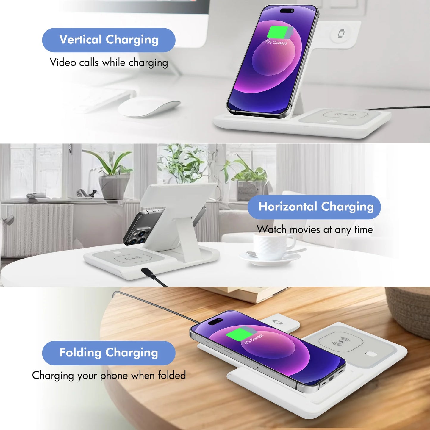 Wireless Charging Magnetic IPhone Charging Station 3 In 1 Fast Charger 15W For iPhone 16 15 14 13 12 11 8 Apple Watch AirPods