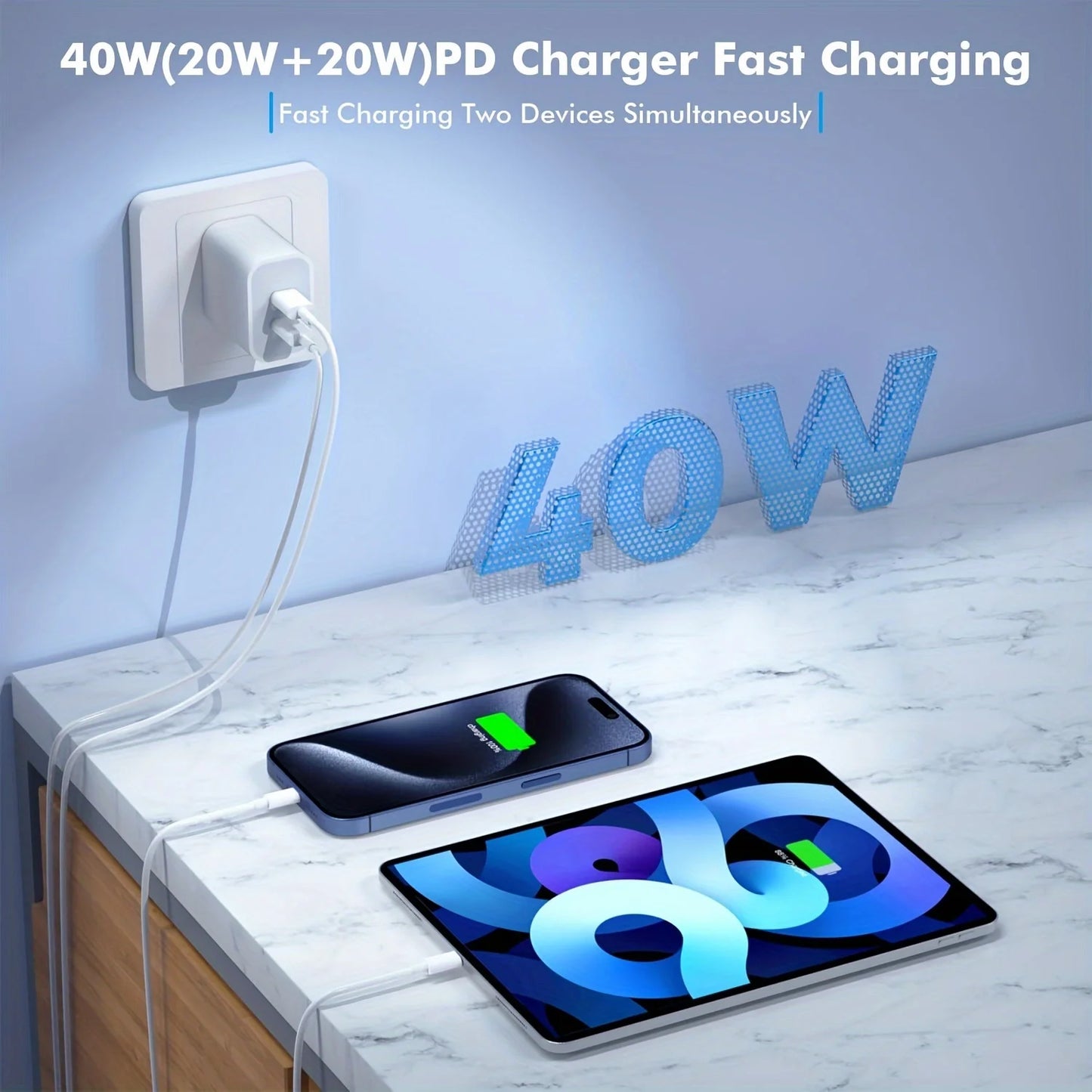2Pack 40W USB PD Dual Port Charger With 10ft USB C Cable