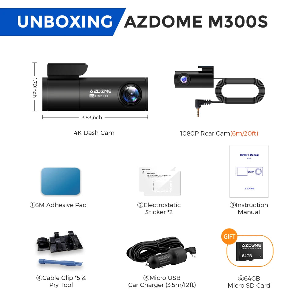AZDOME M300S 4K Dash Cam Front And Rear WiFi GPS Free 64GB