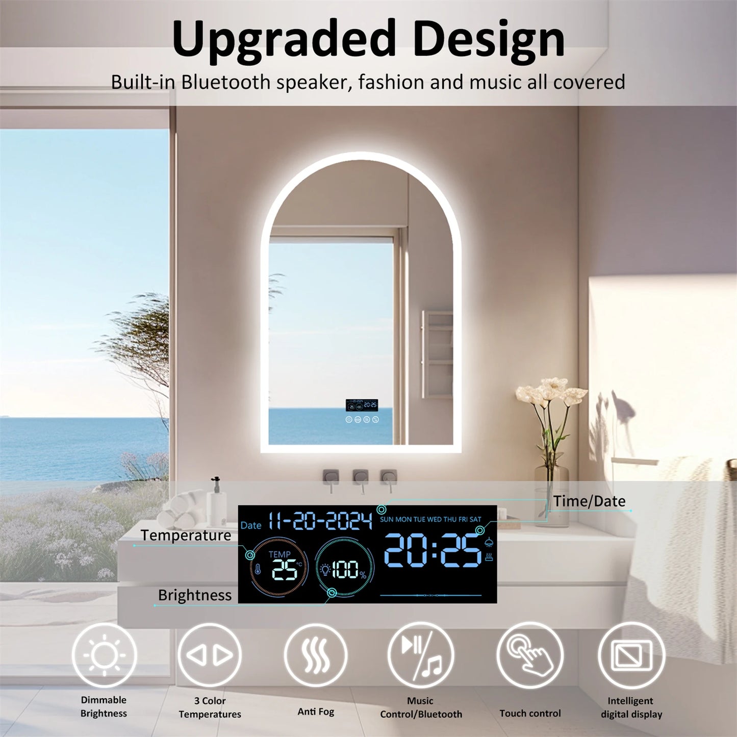 LED Bathroom Arch Mirror 60x90 Bluetooth Dimmable Fogfree