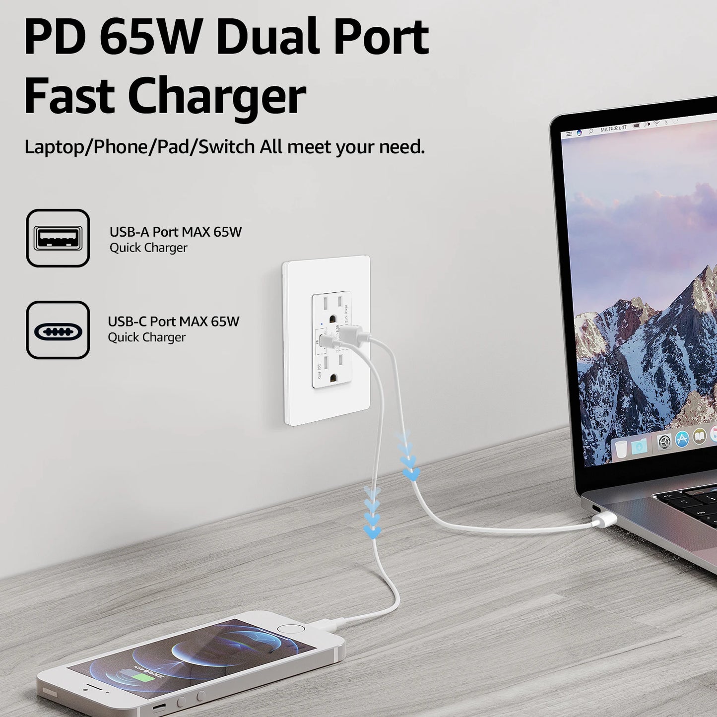 Extension PD3 65W Type C USB Charger Wall Outlet Plus