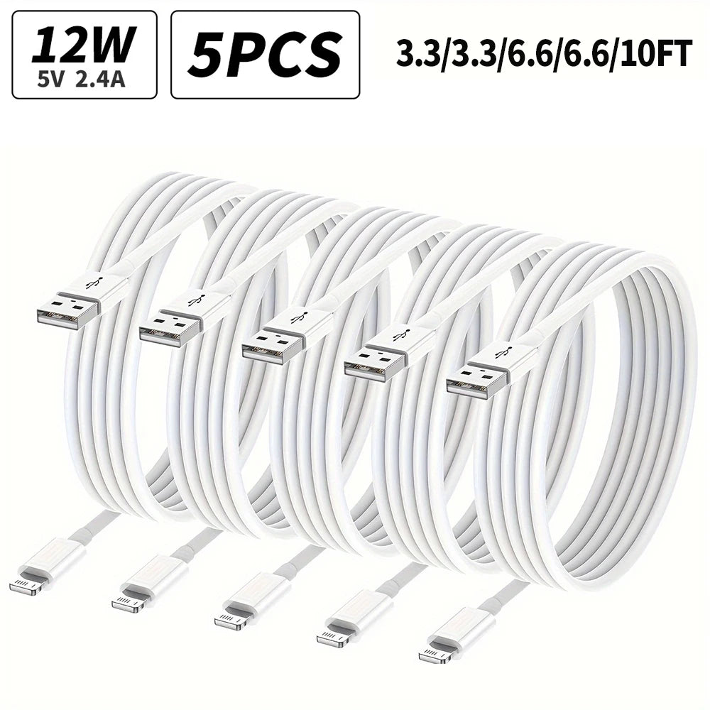 5 Pack 10ft USB A to Lightning Cables for iPhone 14 13