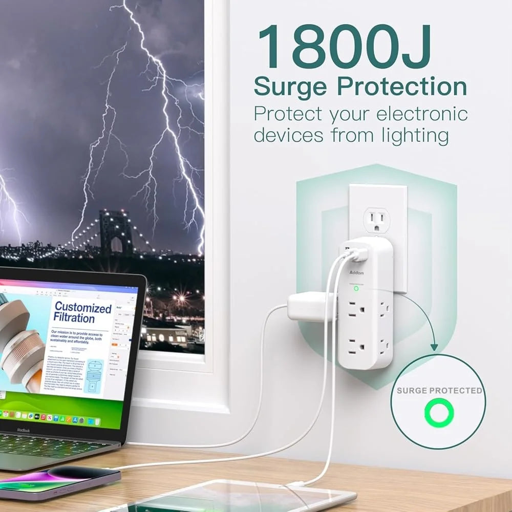 Surge Protector Wall Outlet Extender 6 Outlets 3 USB Ports