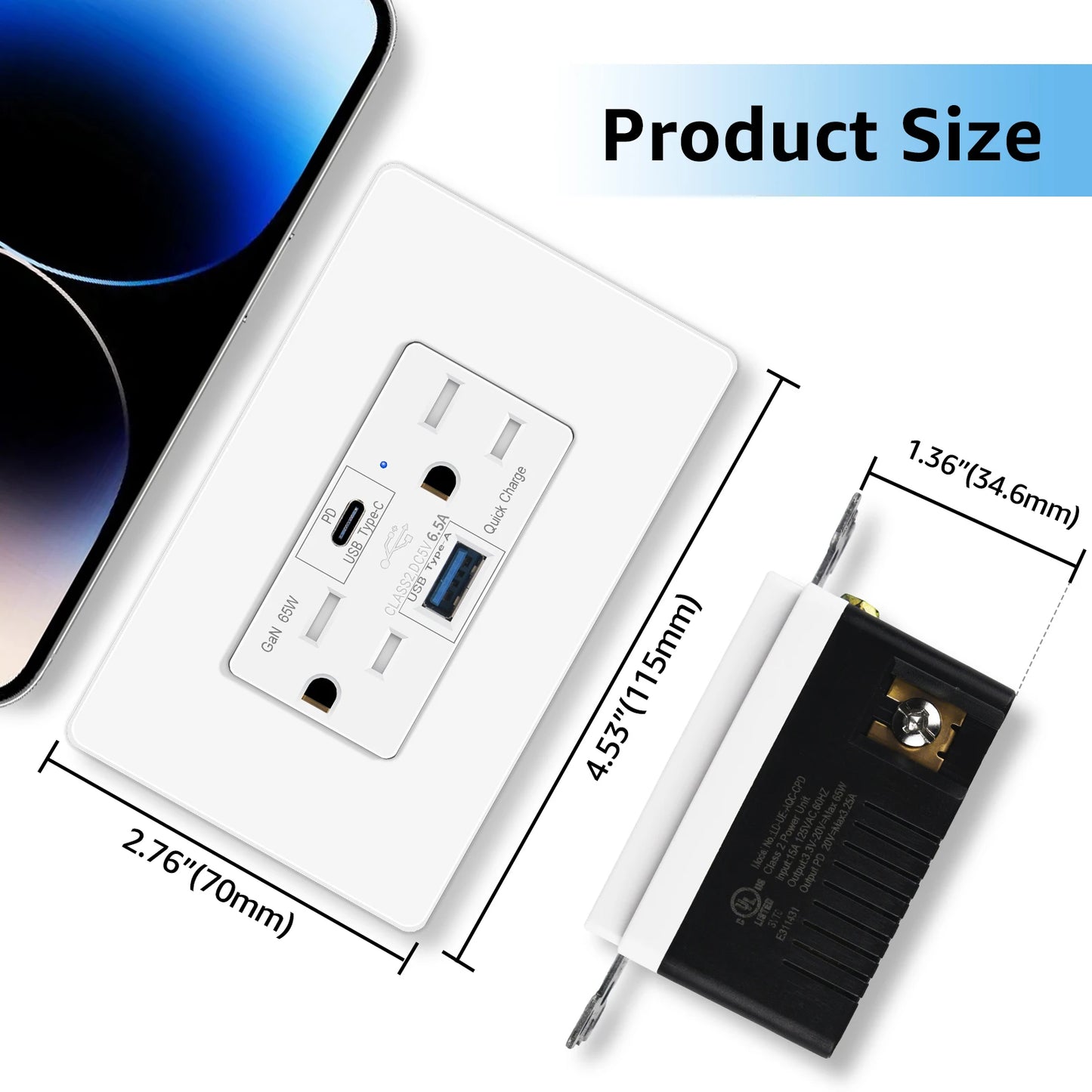 Extension PD3 65W Type C USB Charger Wall Outlet Plus