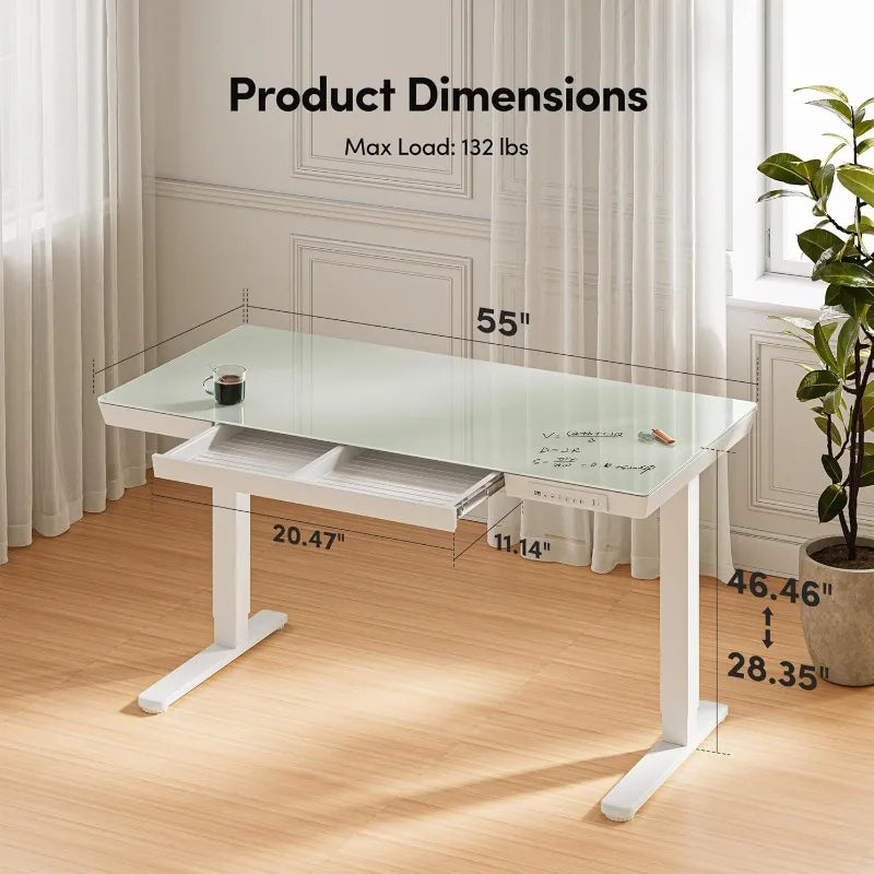 55 × 24 Electric Standing Desk with Drawers, Whole-Piece Glass Adjustable Height Desk, One-Piece Quick Install Adjustable