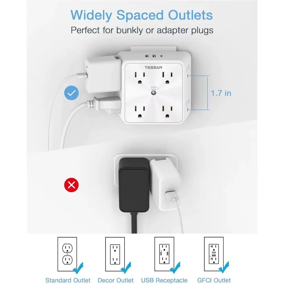 TESSAN Surge Protector Wall Strip with 8 AC Outlets 2 USB A and 1 USB C Surge Protector Multi Outlet Extender for Home Office