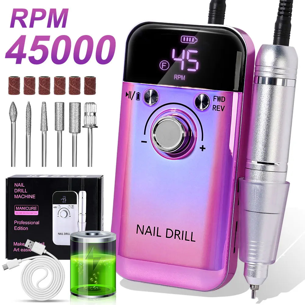 Hign-concerned Nail Drill 45000 RPM Rechargeable Electric File For Acrylic