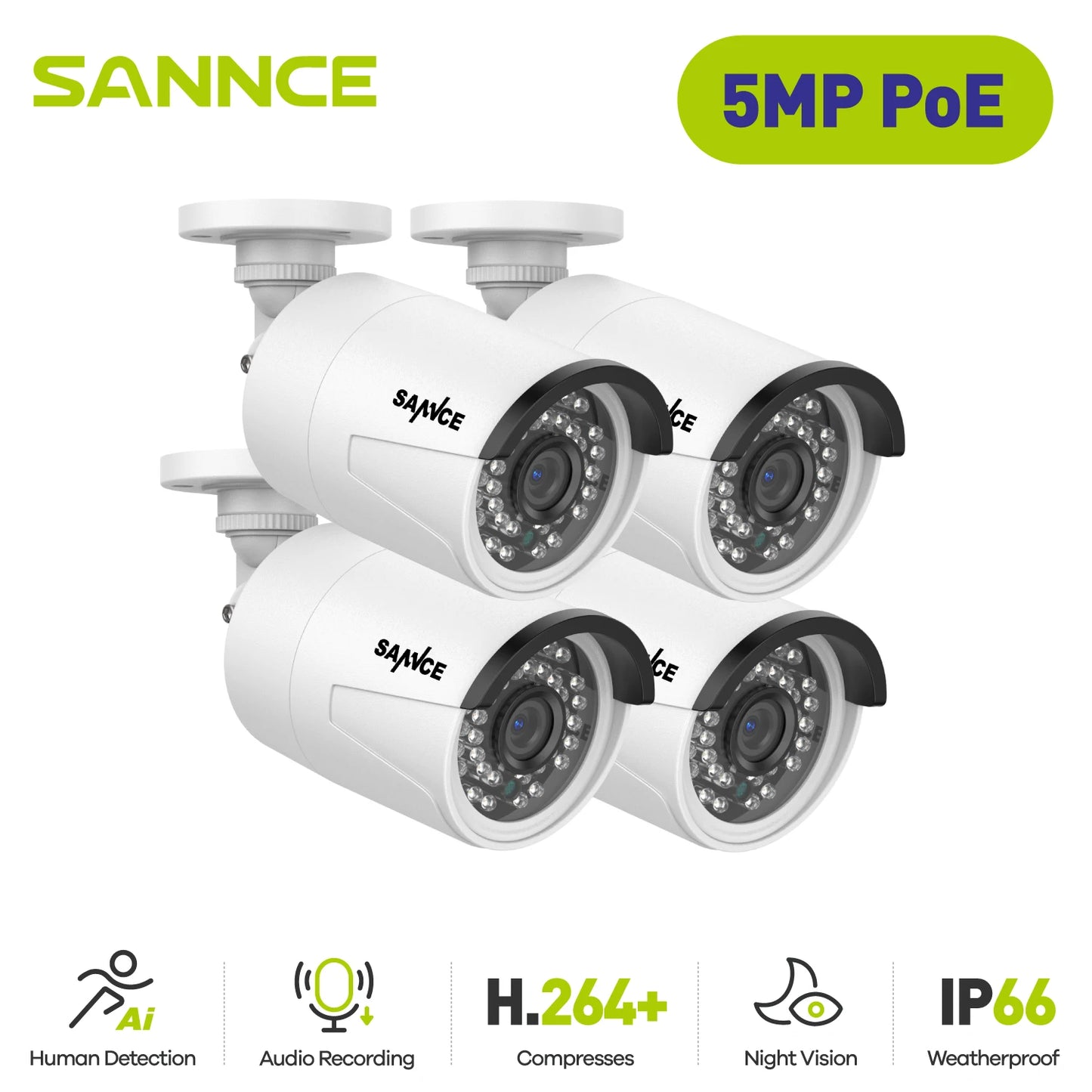 SANNCE 5MP POE Outdoor Weatherproof Bullet Camera Kit