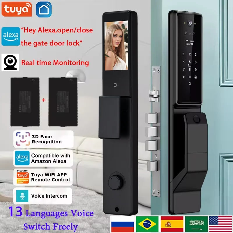 Alexa Voice Control Smart Door Lock Tuya APP 3D Face Recognition Electronic Digital Smart Door Lock With Camera