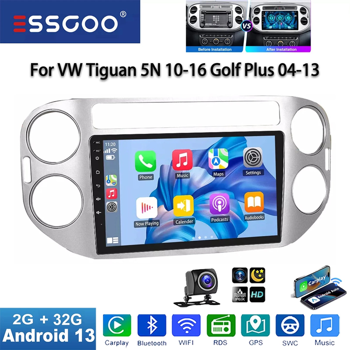 ESSGOO VW Tiguan GolfPlus 9 Inch CarPlay Android 13 Stereo