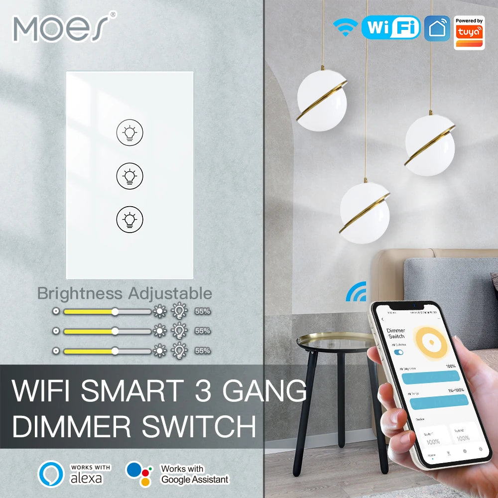 MOES Tuya WiFi Multi Gang Dimmer Switch 1 2 3 Alexa Google