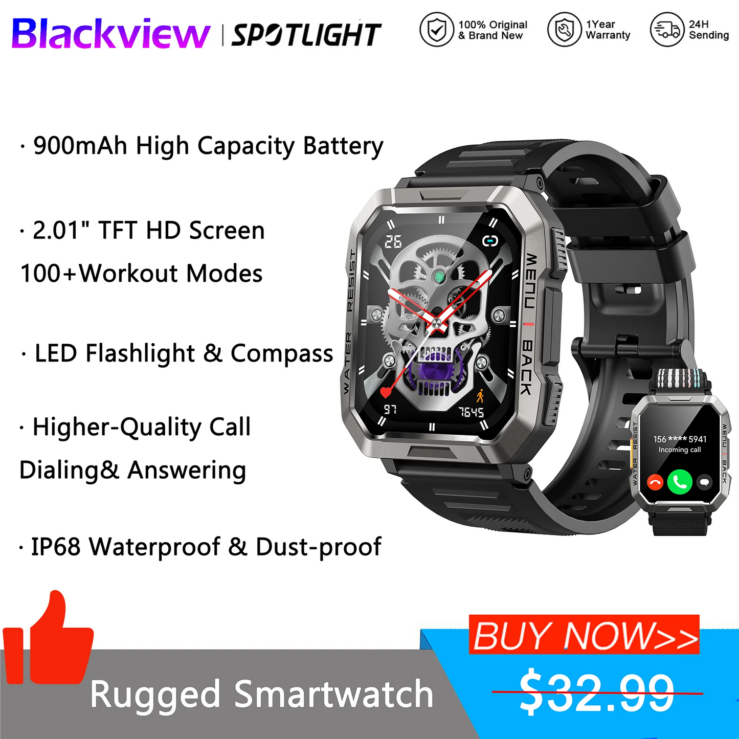 Blackview New Smart Watch 2 Inch HD Display Waterproof Mens