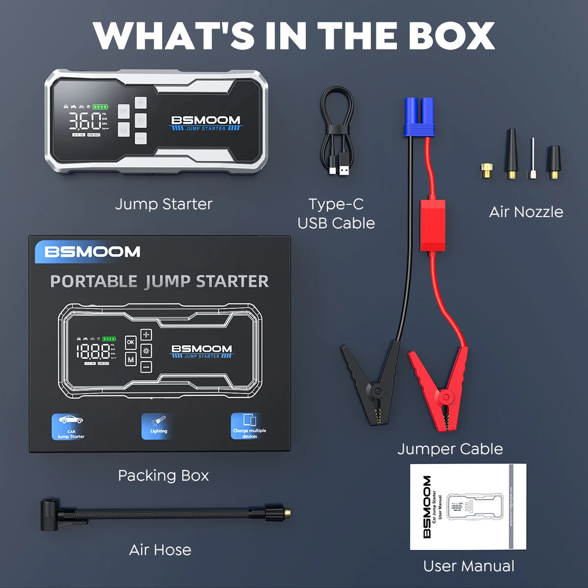 BSMOOM 4-in-1 Car Jump Starter Power Bank With Air Compressor