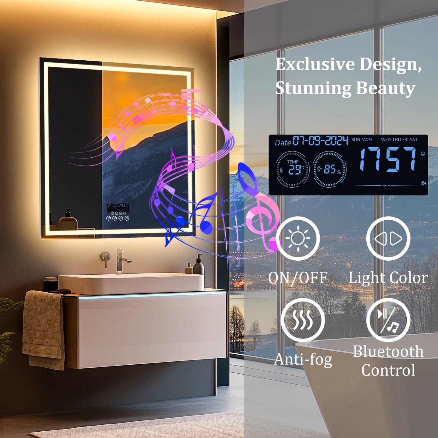 LED 800mm Square Mirror With Bluetooth Time Display