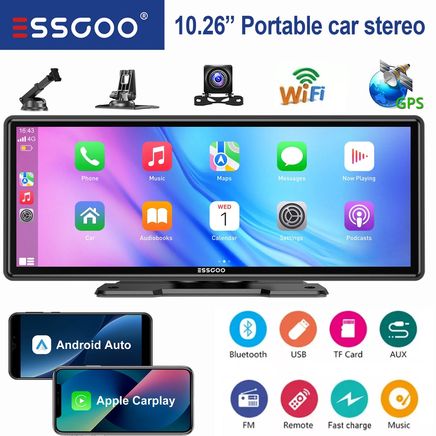 ESSGOO Universal Car Stereo Bluetooth CarPlay Android Auto