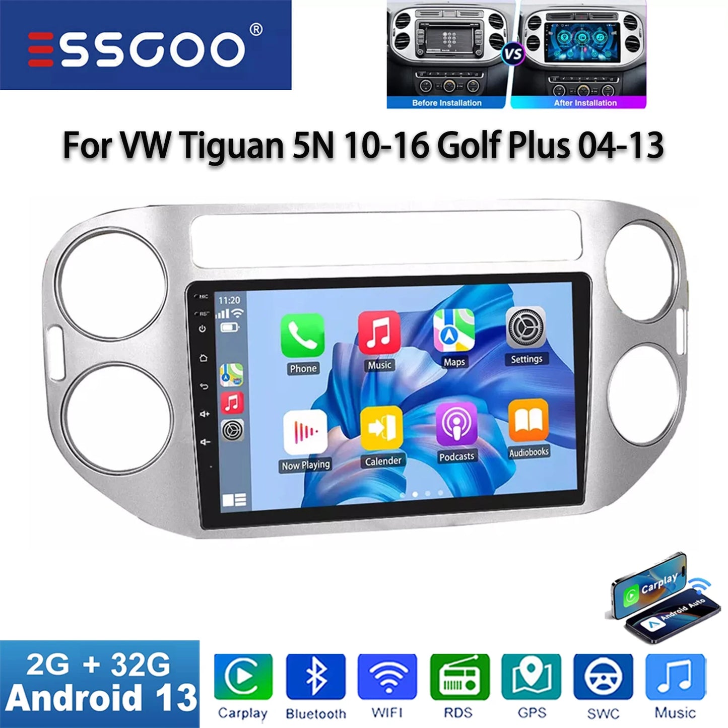 ESSGOO VW Tiguan GolfPlus 9 Inch CarPlay Android 13 Stereo