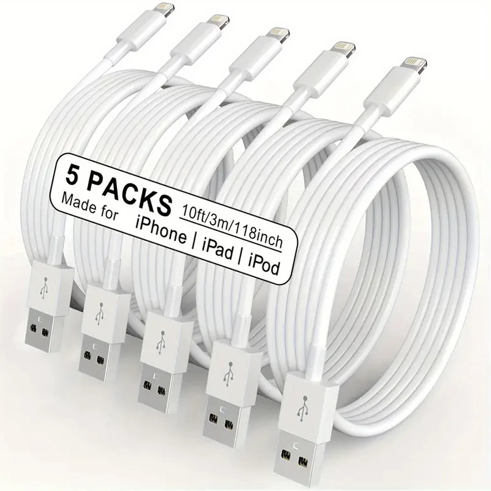 5 Pack 10ft USB A to Lightning Cables for iPhone 14 13