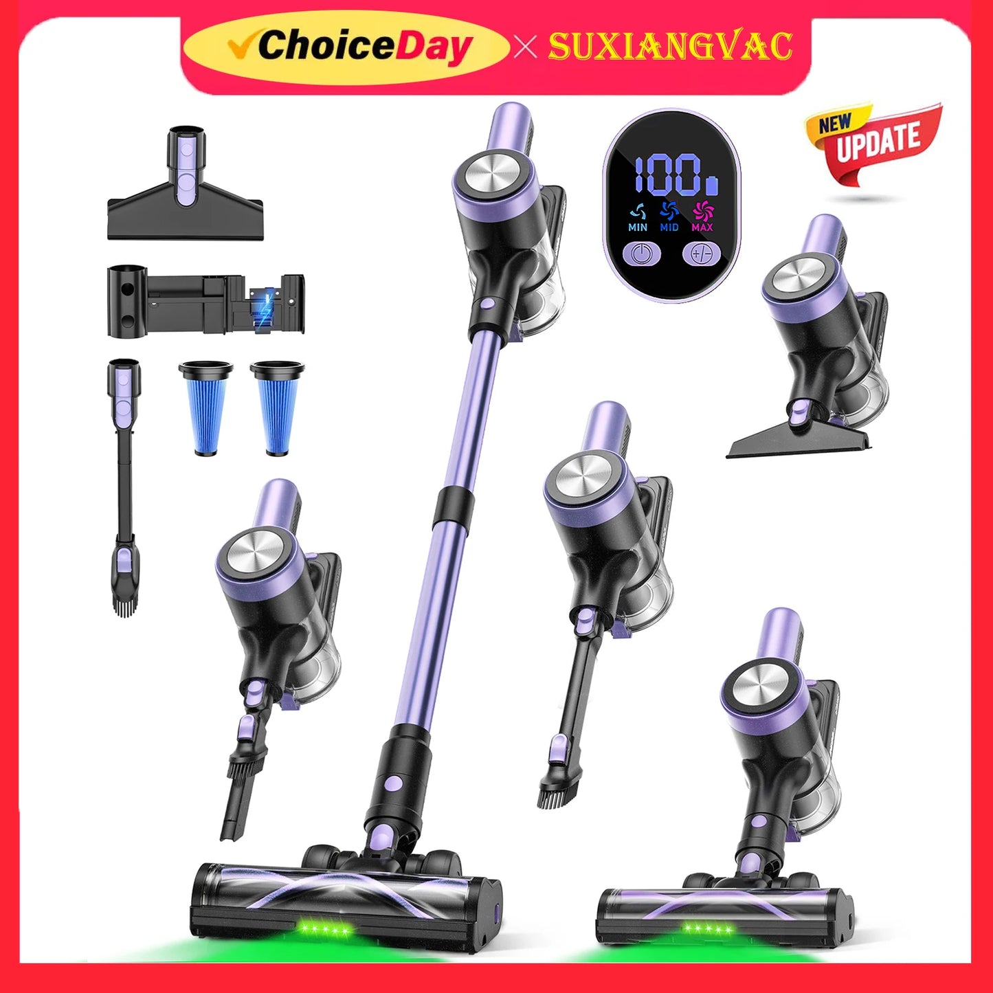 SUXIANGVACC Cordless Vacuum Cleaner 500W 46KPa Self Standing HighEfficiencyPetHairRemoval