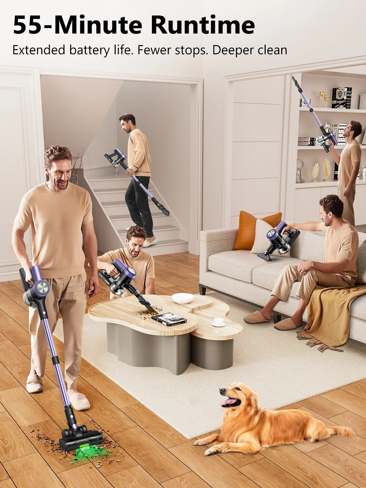 SUXIANGVACC Cordless Vacuum Cleaner 500W 46KPa Self Standing HighEfficiencyPetHairRemoval