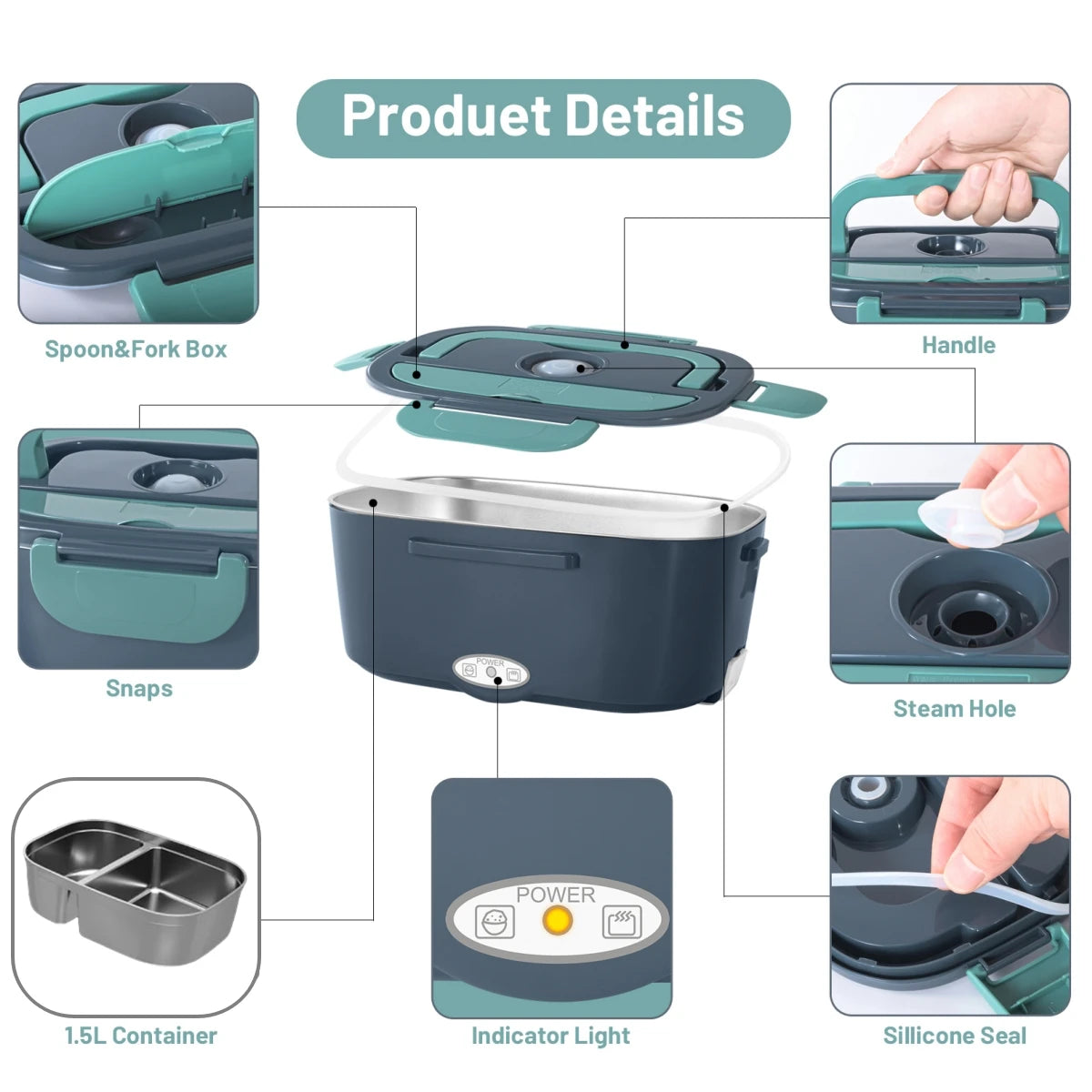 Electric Lunch Box 60W Fast Heated Dual Stainless Steel Containers