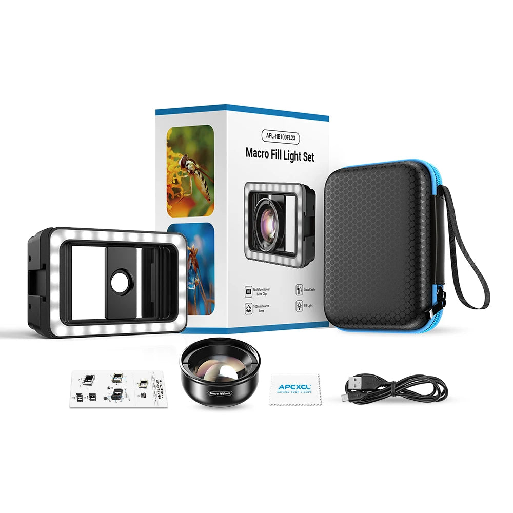 APEXEL 4K HD 100mm Macro Lens With LED Fill Light Clamp